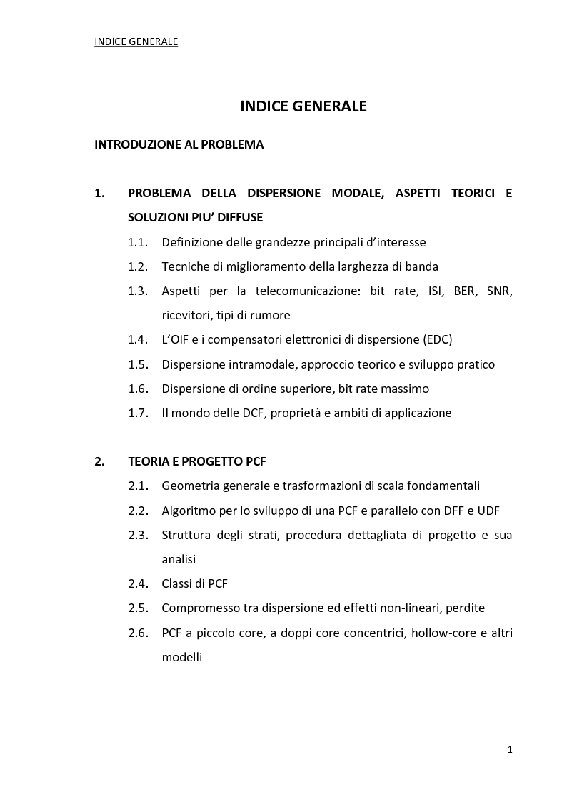 Indice della tesi: Progetto di fibre ottiche a dispersione controllata per comunicazioni ottiche, Pagina 1