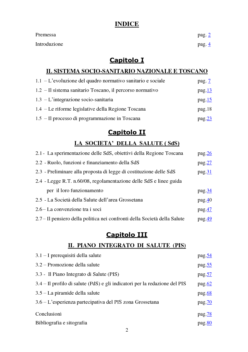Indice della tesi: Sinergia tra ASL, Comuni e Cittadini nella Società della Salute:l’esperienza partecipativa del PIS zona Grossetana, Pagina 1