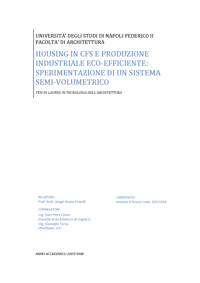 Anteprima della tesi: Housing in CFS e produzione industriale eco-efficiente. Sperimentazione di un sistema semi-volumetrico., Pagina 1