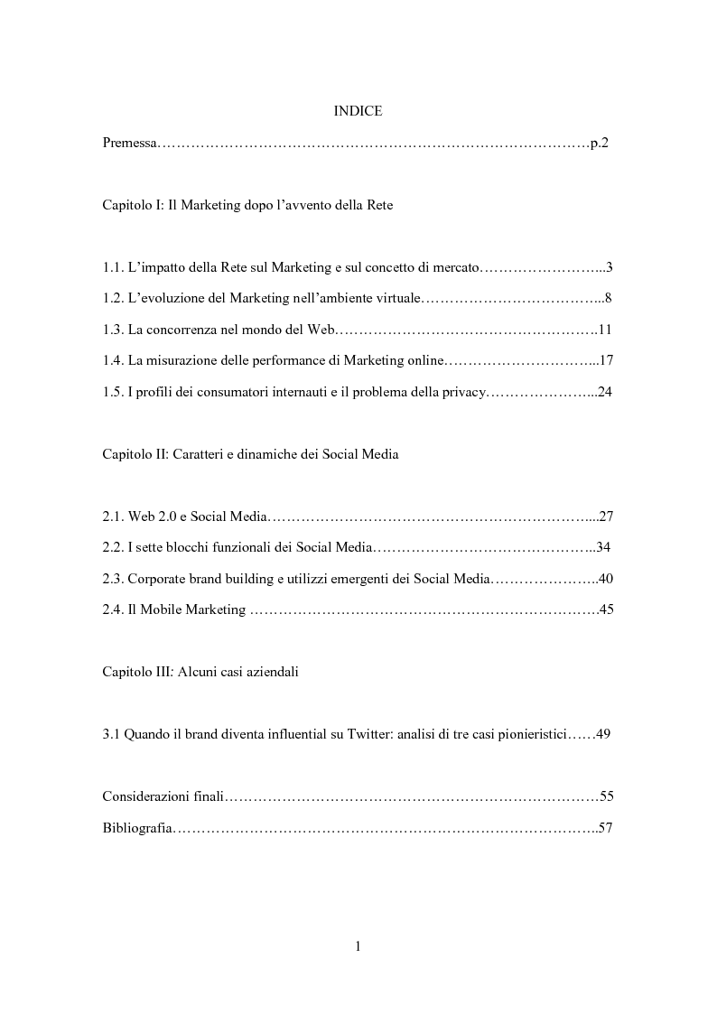 Indice della tesi: Social Media Marketing: caratteri, tendenze ed esperienze d'impresa, Pagina 1