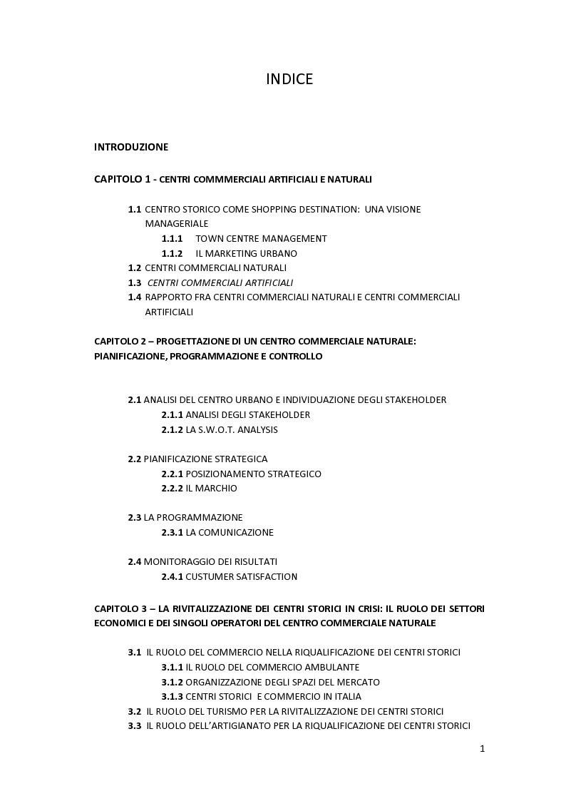 Indice della tesi: Centri Commerciali Naturali, Pagina 1