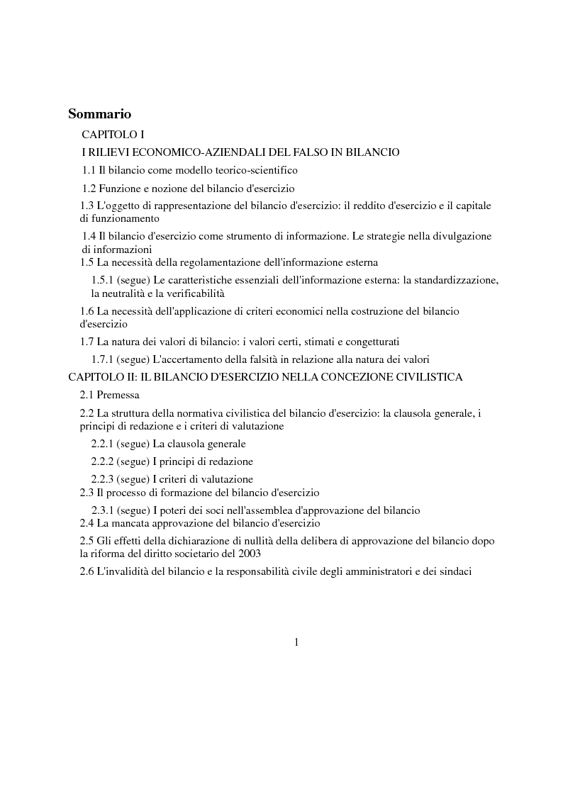 Indice della tesi: Il falso in bilancio: rilievi economico-aziendali, civilistici e penali, Pagina 1