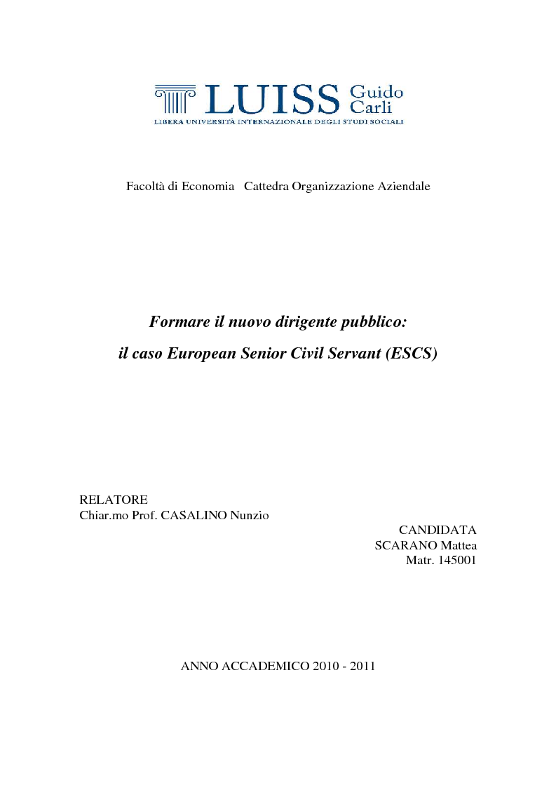 Anteprima della tesi: Formare il nuovo dirigente pubblico - il caso European Senior Civil Servant (ESCS), Pagina 1