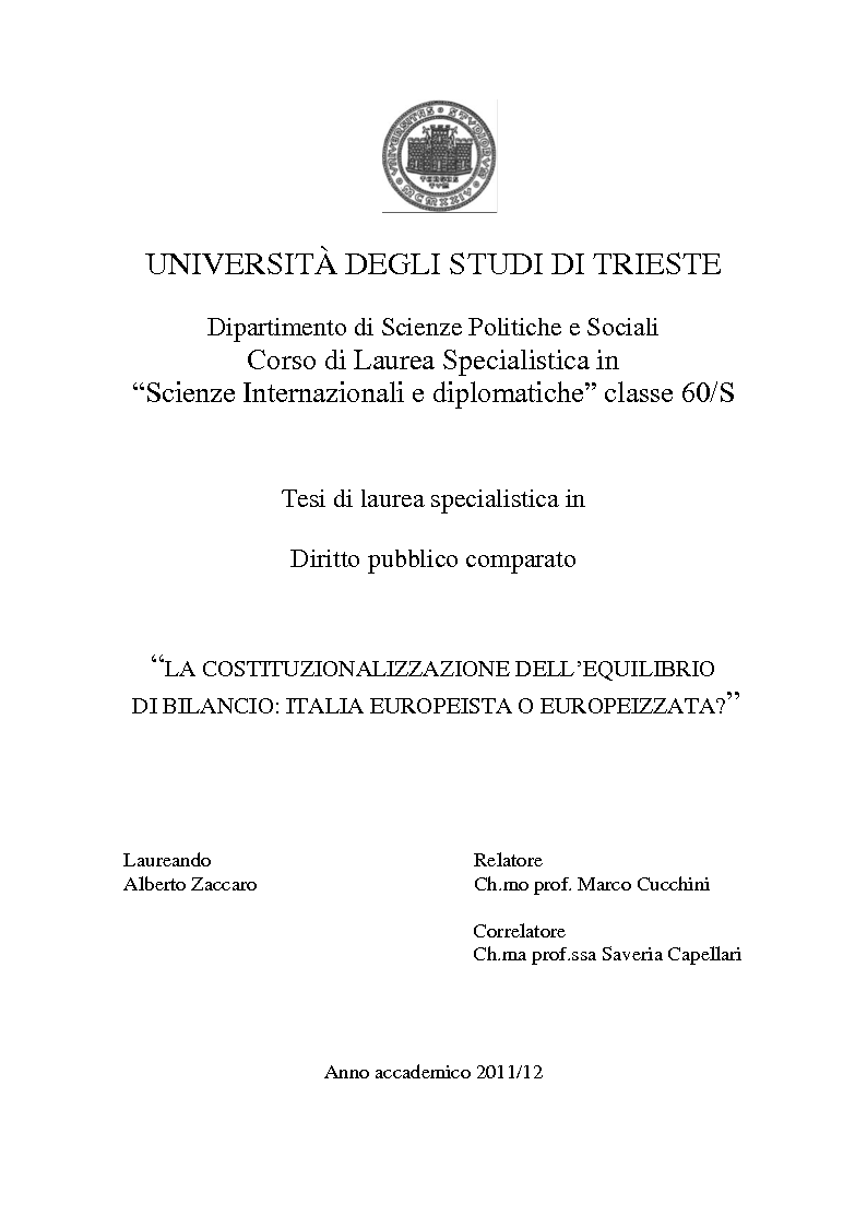 Anteprima della tesi: La costituzionalizzazione dell'equilibrio di bilancio: Italia europeista o europeizzata?, Pagina 1