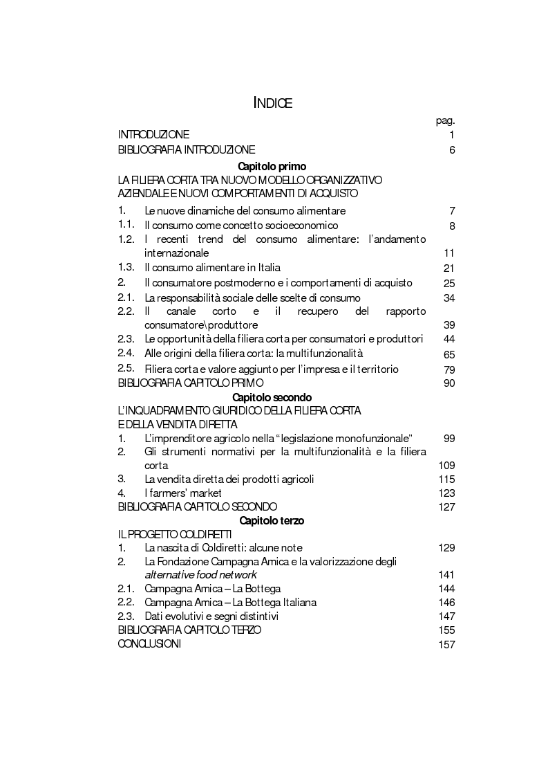 Indice della tesi: La filiera corta: strategie e impatti per la creazione di valore in azienda e nel territorio, Pagina 1