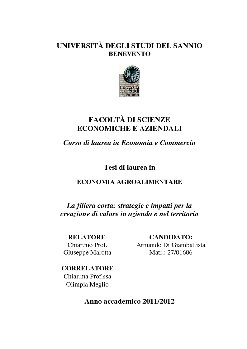Anteprima della tesi: La filiera corta: strategie e impatti per la creazione di valore in azienda e nel territorio, Pagina 1