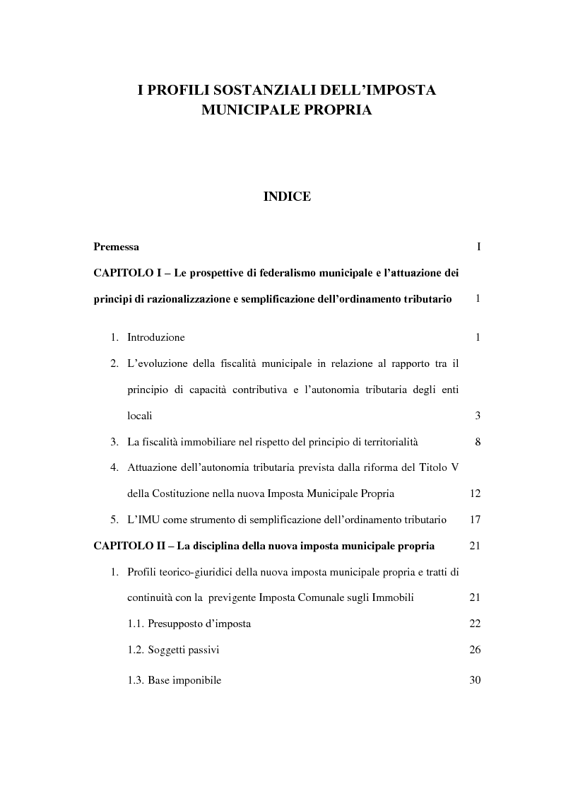 Indice della tesi: I profili sostanziali dell'imposta municipale propria, Pagina 1
