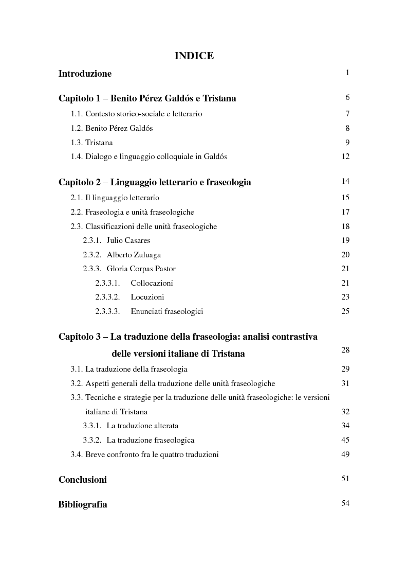 Indice della tesi: La traduzione della fraseologia. Analisi contrastiva delle versioni italiane di Tristana di Galdós, Pagina 1