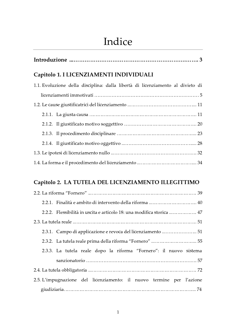 Indice della tesi: I licenziamenti individuali dopo la Legge n. 92/2012: aspetti sostanziali e processuali, Pagina 1