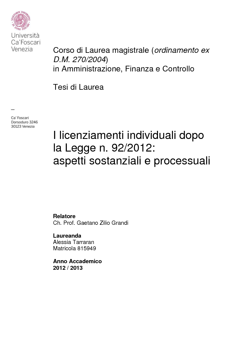 Anteprima della tesi: I licenziamenti individuali dopo la Legge n. 92/2012: aspetti sostanziali e processuali, Pagina 1