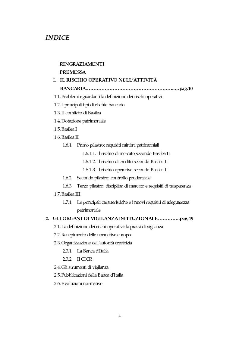 Indice della tesi: Il rischio operativo nell'attività bancaria, Pagina 1