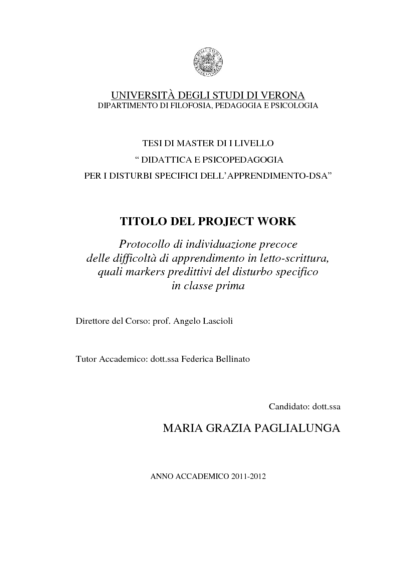 Anteprima della tesi: Protocollo di individuazione precoce delle difficoltà di apprendimento in letto-scrittura, quali markers predittivi del disturbo specifico in classe prima, Pagina 1