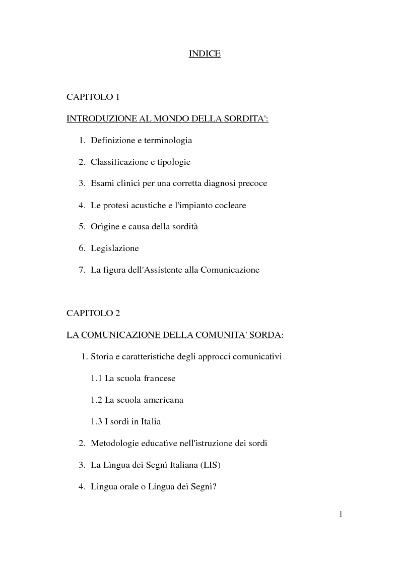 Indice della tesi: Sviluppo della comunicazione e della personalità nel bambino e nell'adolescente sordo, Pagina 1