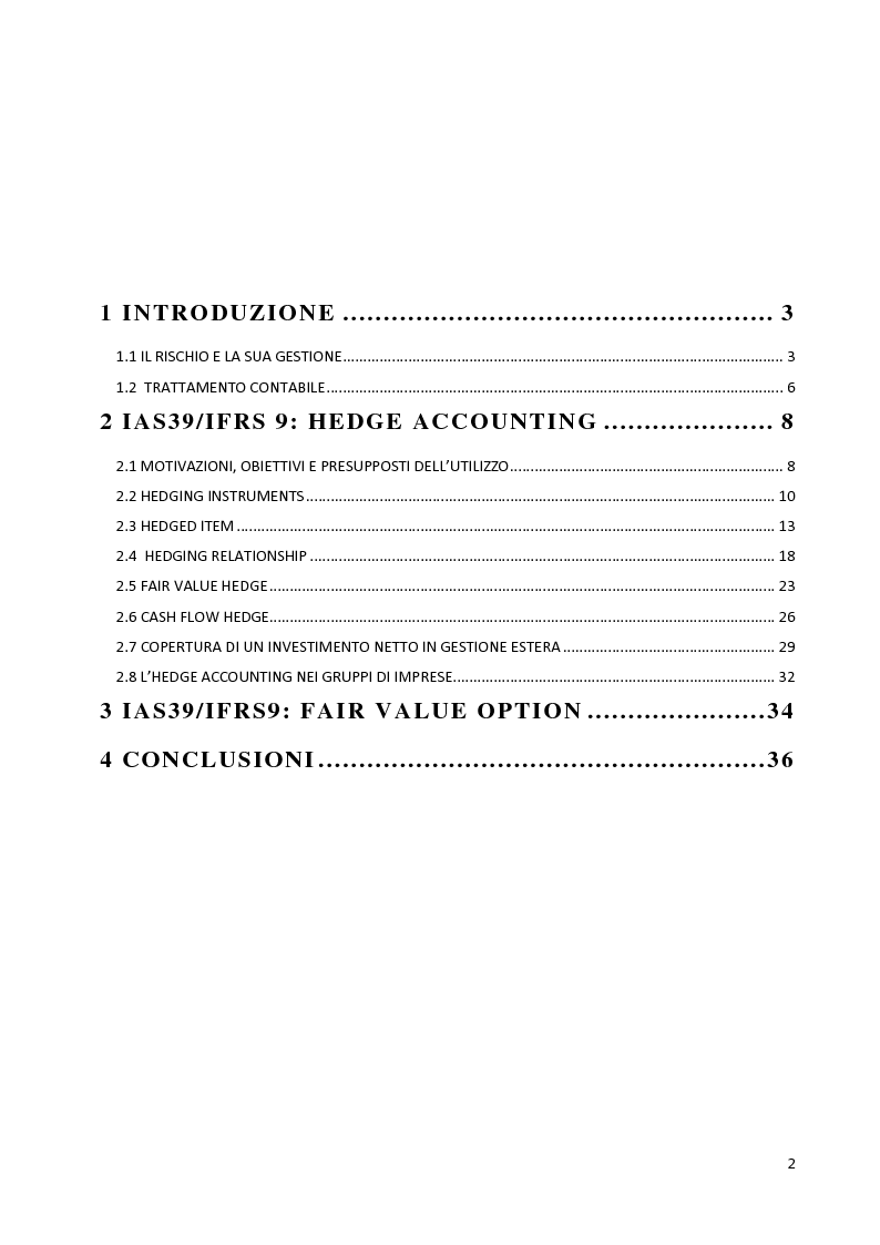 Indice della tesi: Economic Hedging: Utilizzo ed Esposizione in Bilancio, Pagina 1