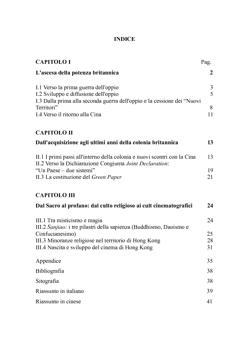Indice della tesi: Hong Kong: da colonia a Regione Amministrativa Speciale, Pagina 1