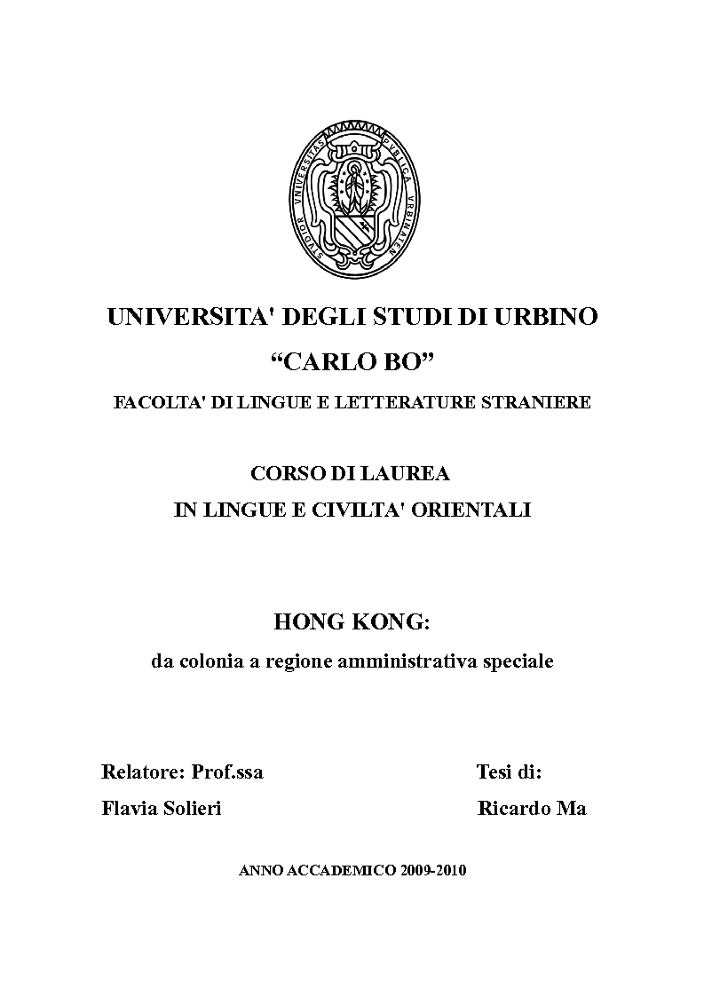 Anteprima della tesi: Hong Kong: da colonia a Regione Amministrativa Speciale, Pagina 1