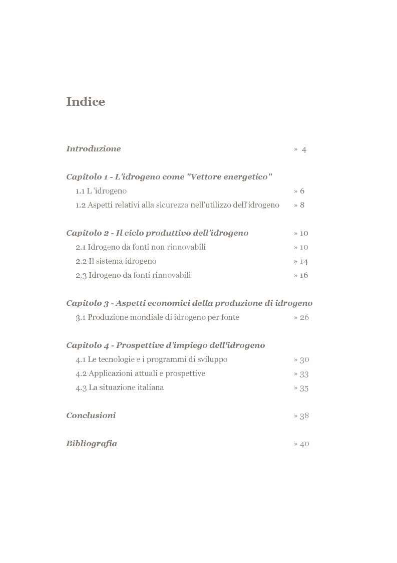 Indice della tesi: La produzione di idrogeno:aspetti tecnici, economici ed ambientali, Pagina 1