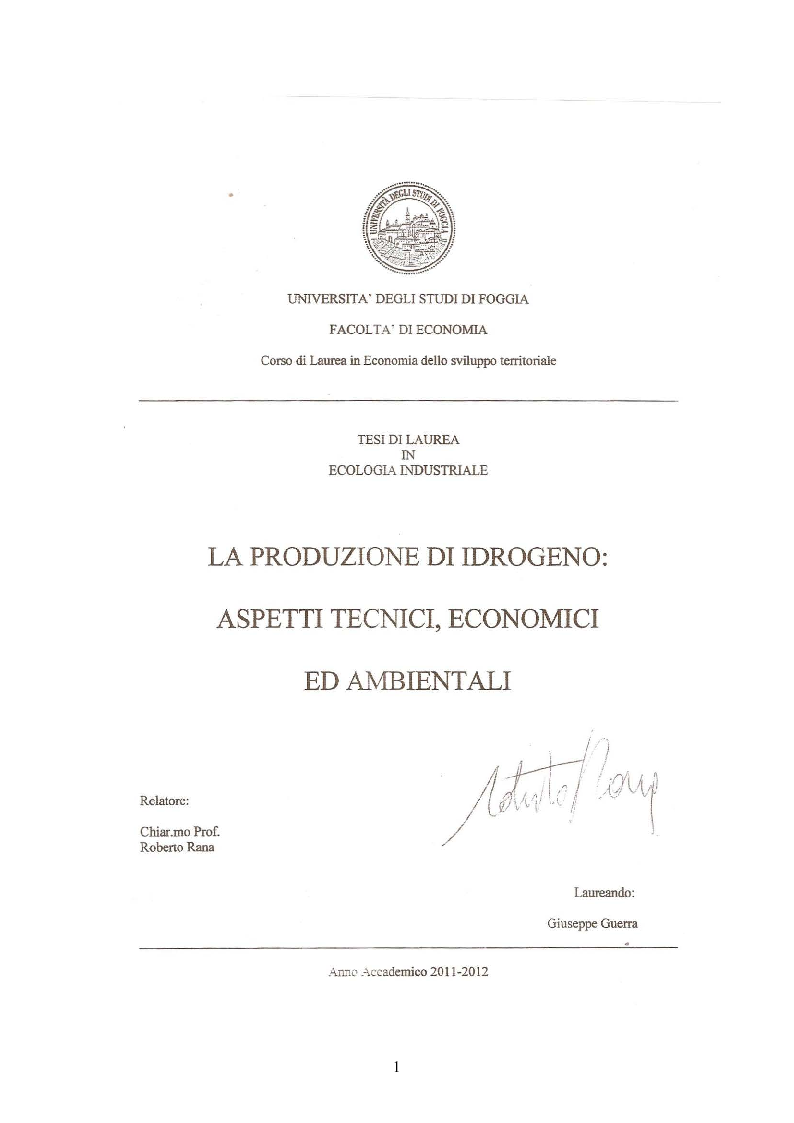 Anteprima della tesi: La produzione di idrogeno:aspetti tecnici, economici ed ambientali, Pagina 1