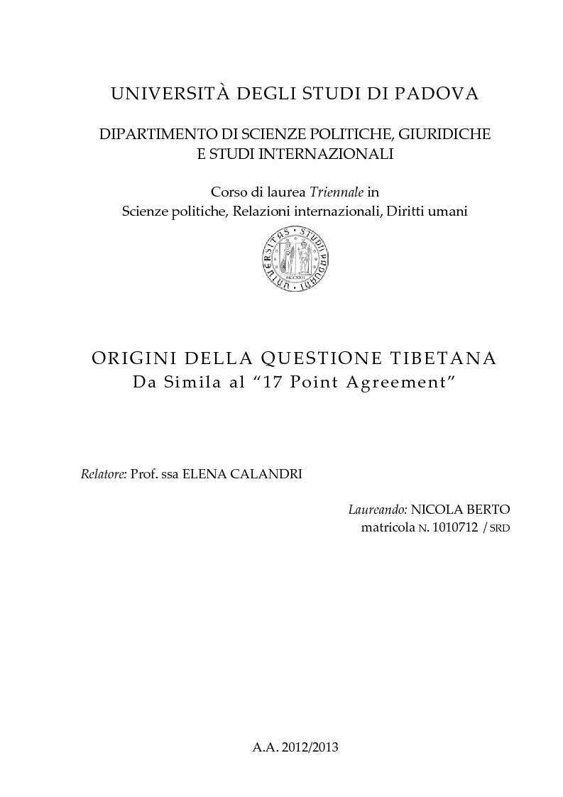 Anteprima della tesi: Origini della questione tibetana - Da Simila al “17 Point Agreement”, Pagina 1