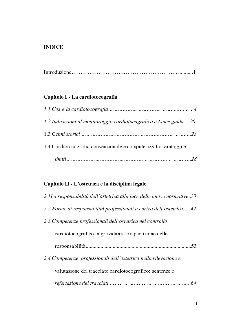 Indice della tesi: Responsabilità e competenze professionali dell'Ostetrica nella rilevazione e valutazione del tracciato cardiotocografico: analisi dei contenziosi medico legali, Pagina 1
