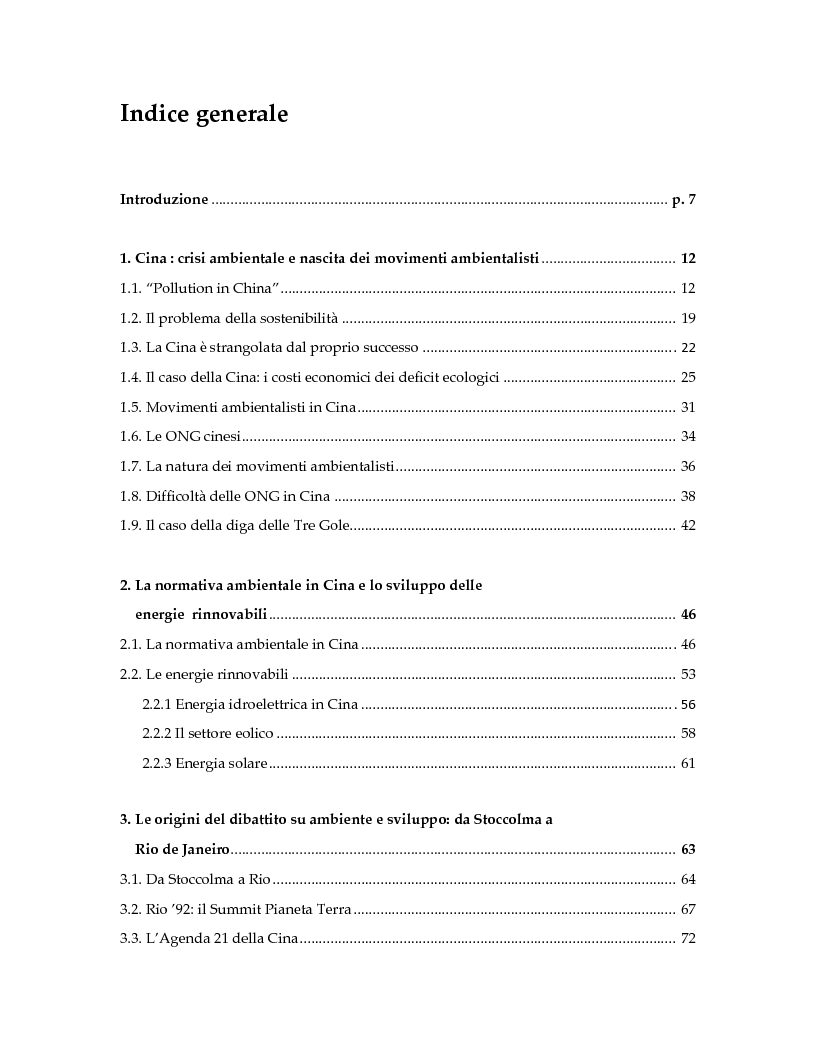 Indice della tesi: La Cina e l'ambiente. Il ruolo della Cina nelle Conferenze Internazionali sul clima, Pagina 1