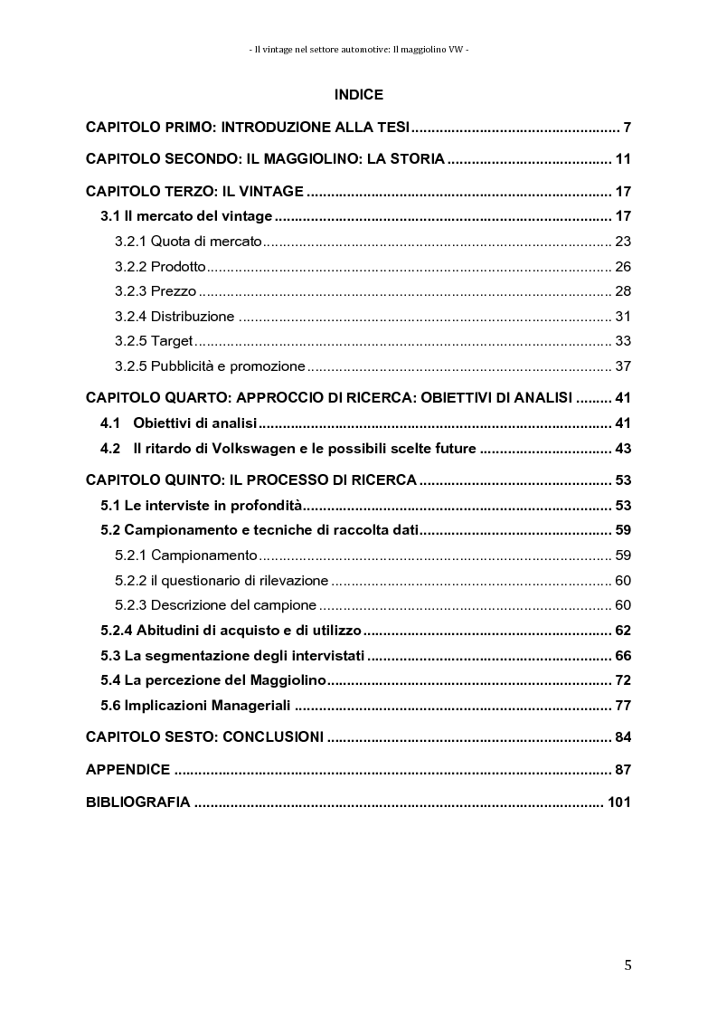 Indice della tesi: Il vintage nel settore automotive: Il maggiolino VW, Pagina 1