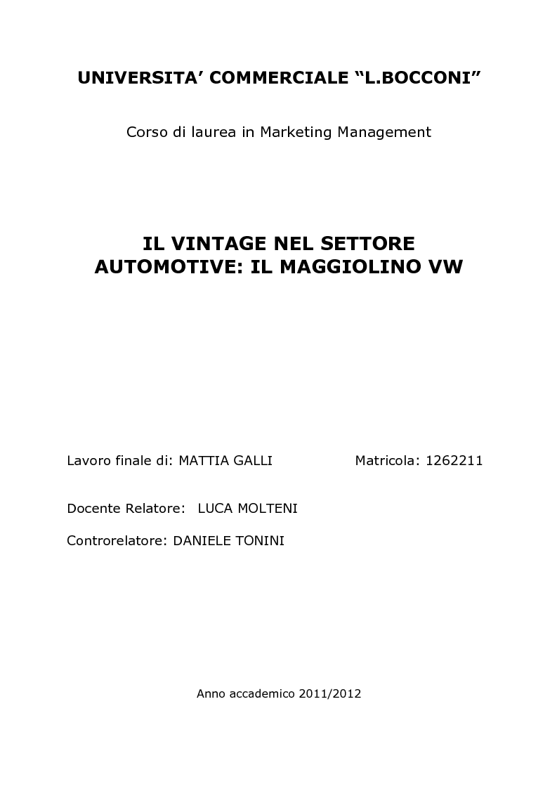 Anteprima della tesi: Il vintage nel settore automotive: Il maggiolino VW, Pagina 1