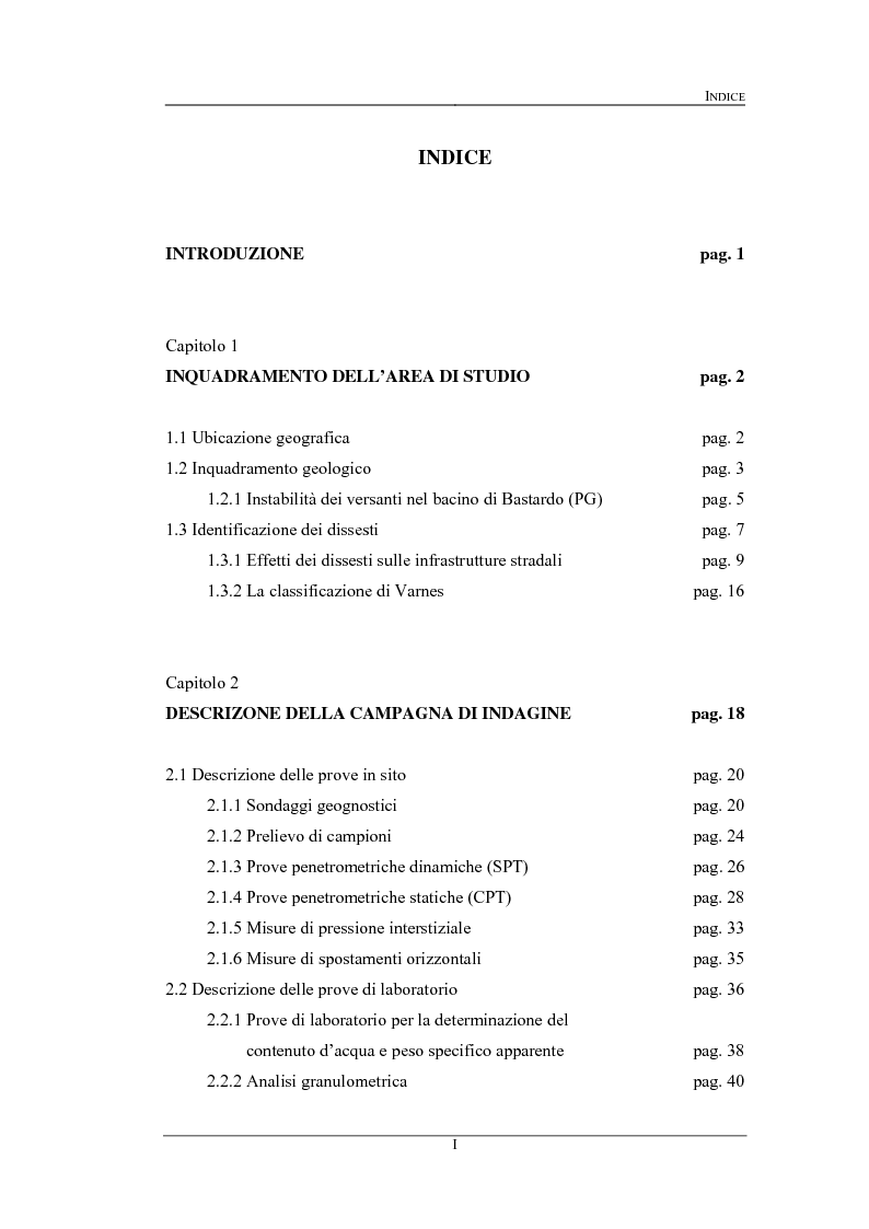 Indice della tesi: Progetto di adeguamento della S.P. 451-1 nel tratto tra Bastardo e La Bruna. Indagini e verifiche per il consolidamento delle scarpate instabili tra il km 9 e il Km 11, Pagina 1