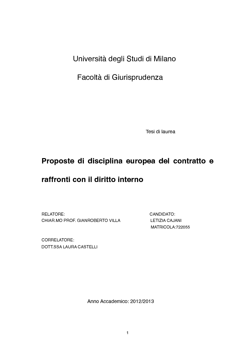 Anteprima della tesi: Proposte di disciplina europea del contratto e raffronti con il diritto interno, Pagina 1
