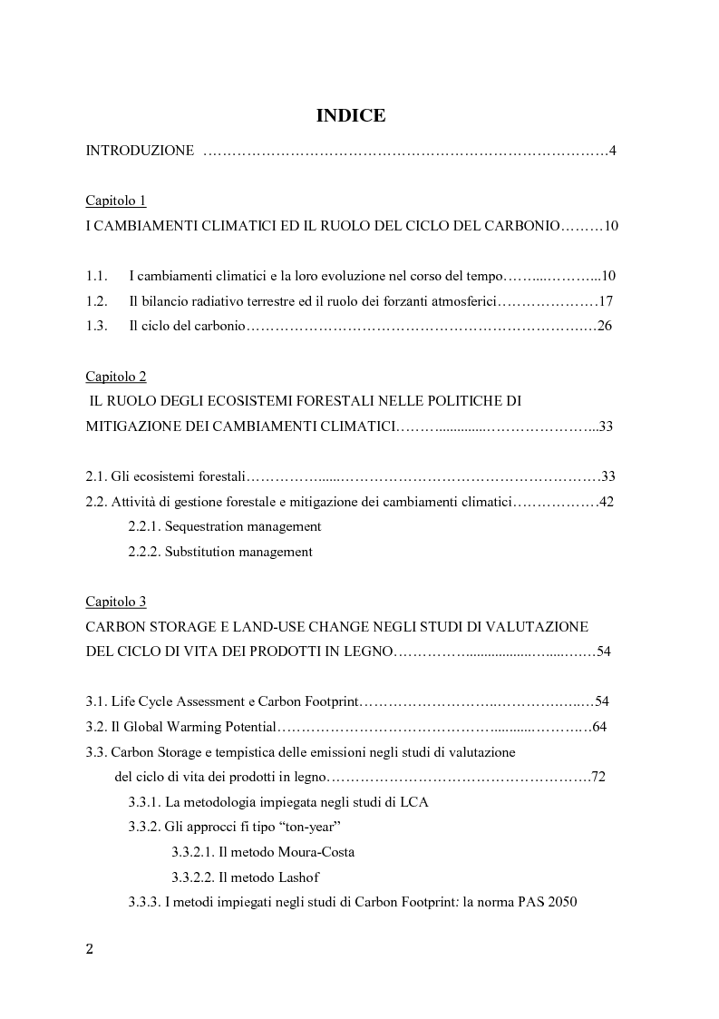 Indice della tesi: CO2 di origine biogenica ed effetto serra: valutazione del ciclo di vita dei prodotti in legno, Pagina 1