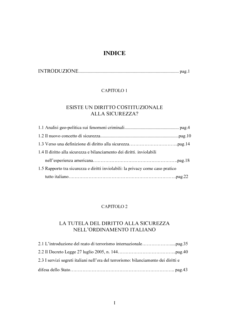 Indice della tesi: Il diritto costituzionale alla sicurezza, Pagina 1