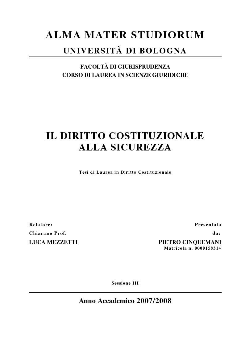 Anteprima della tesi: Il diritto costituzionale alla sicurezza, Pagina 1