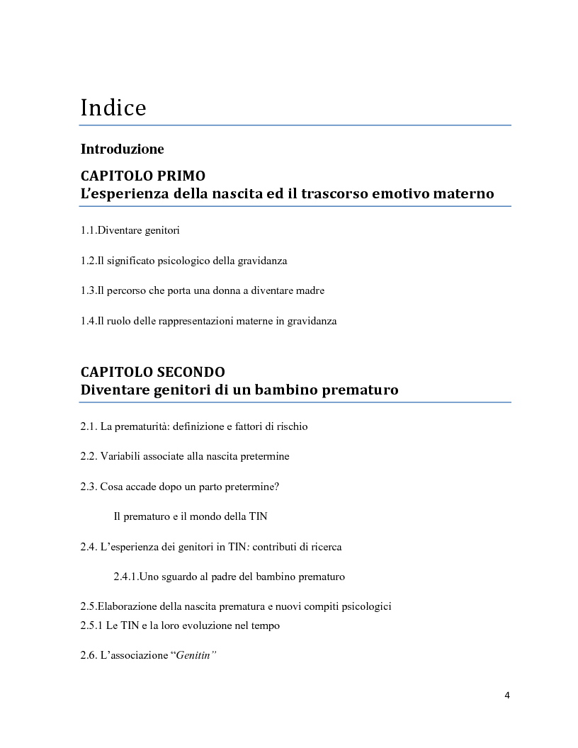 Indice della tesi: Gravidanza, trauma, prematurità e istituzione: ricerca in terapia intensiva neonatale, Pagina 1