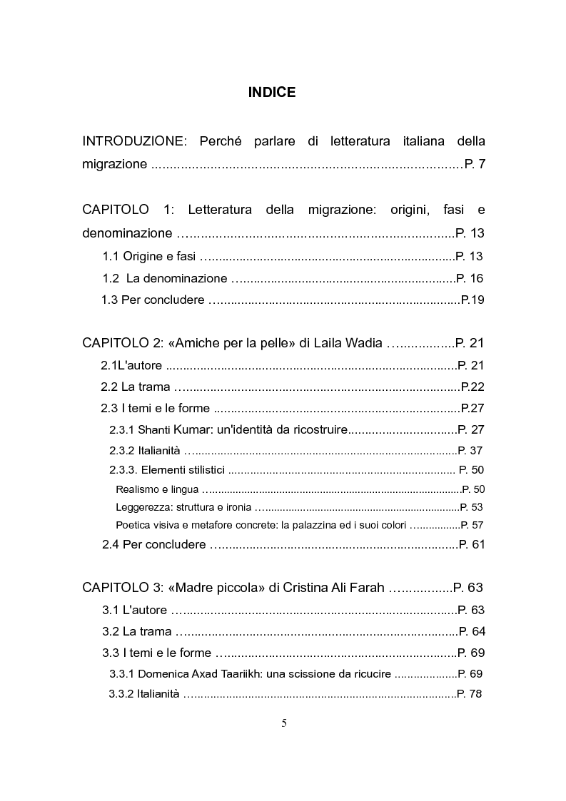 Indice della tesi: Letteratura della migrazione. Identità, nazione, figuralità nelle opere di L. A. L. Wadia, U. C. A. Farah, G. Ghermandi, Pagina 1