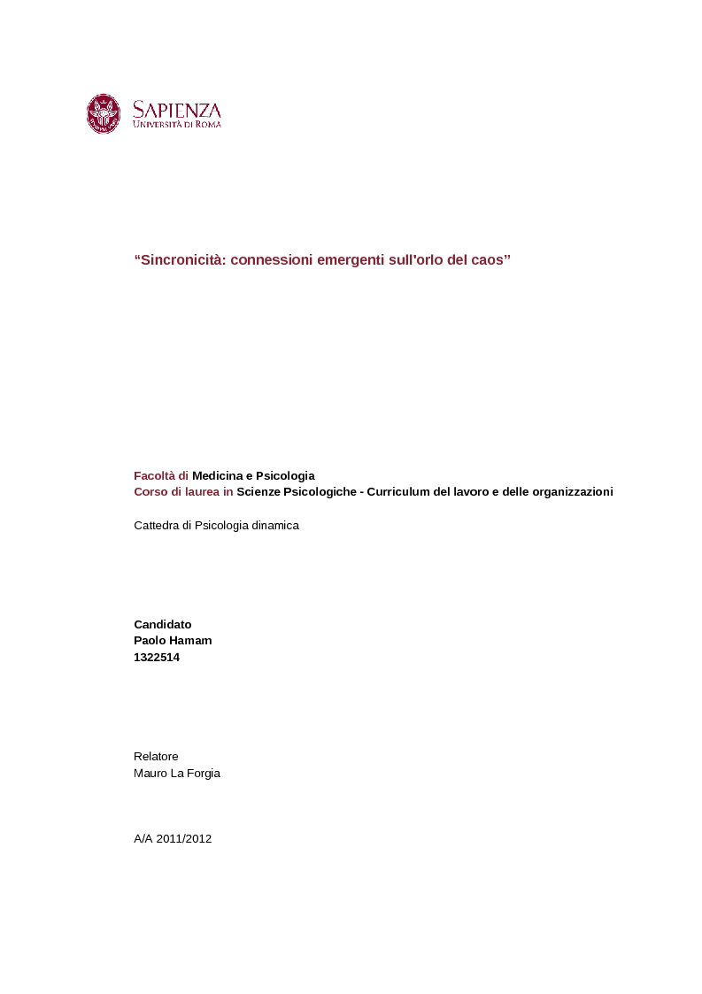 Anteprima della tesi: Sincronicità: connessioni emergenti sull'orlo del caos, Pagina 1