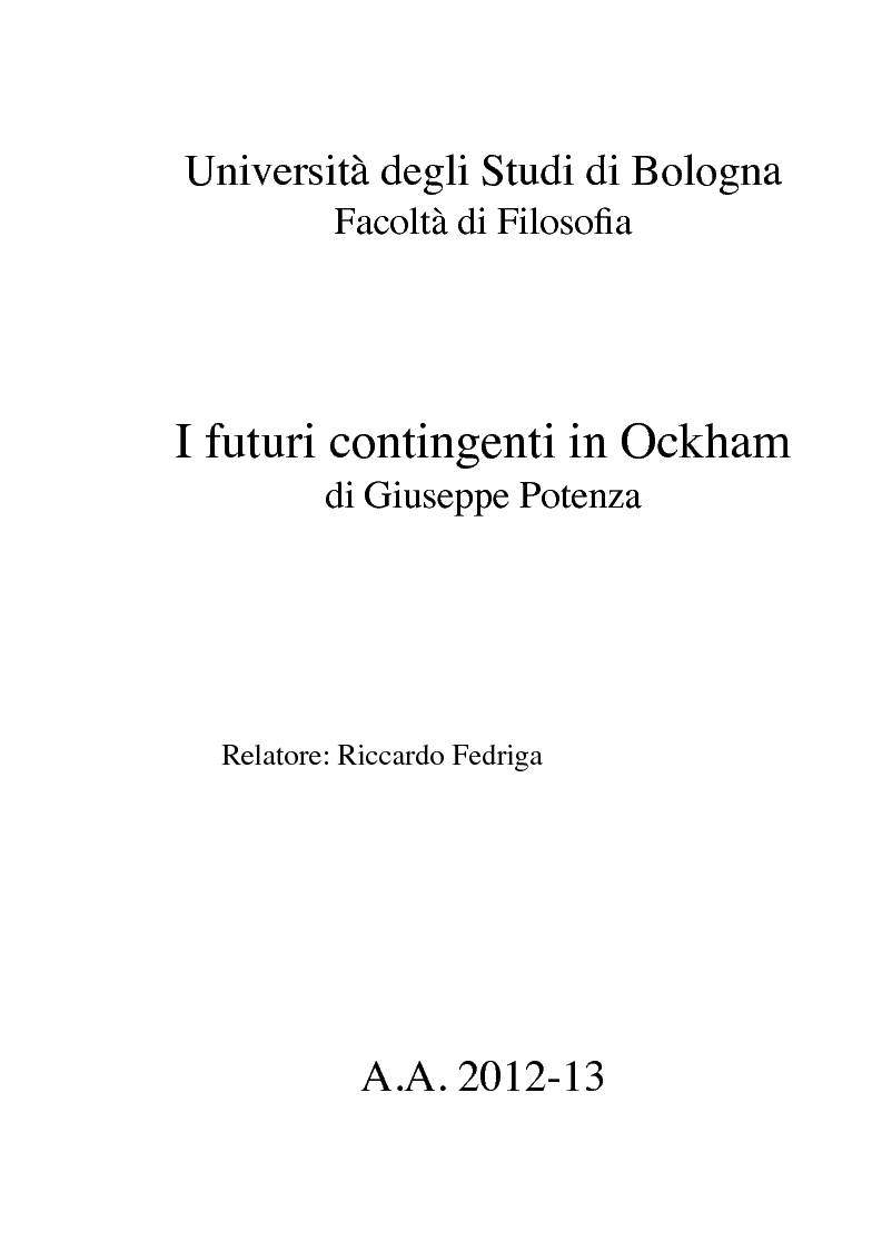 Anteprima della tesi: I futuri contingenti in Ockham, Pagina 1
