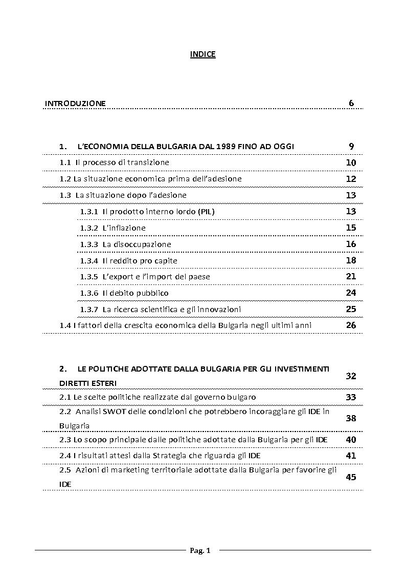 Indice della tesi: Gli IDE in Bulgaria e le politiche adottate dal governo bulgaro, Pagina 1
