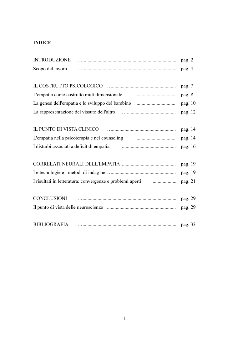 Indice della tesi: Correlati neurali dell'empatia per il dolore altrui, Pagina 1