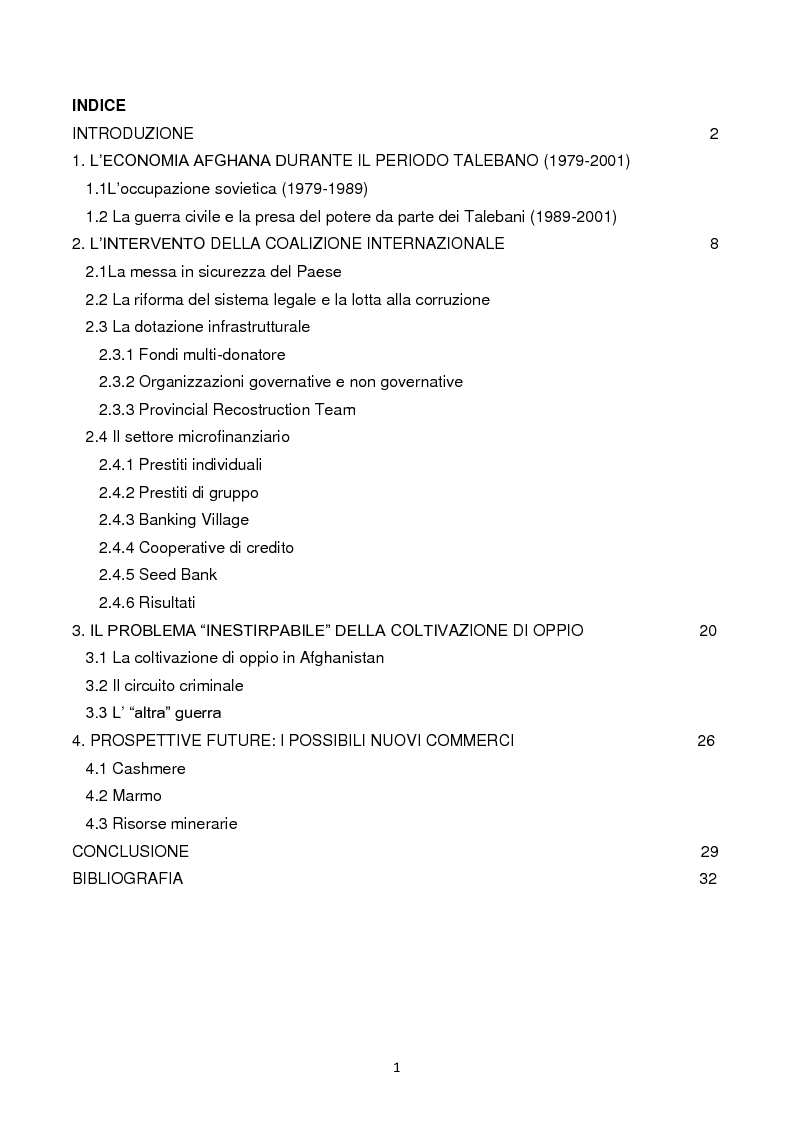 Indice della tesi: L'economia afghana a seguito dell'intervento delle forze militari internazionali, Pagina 1