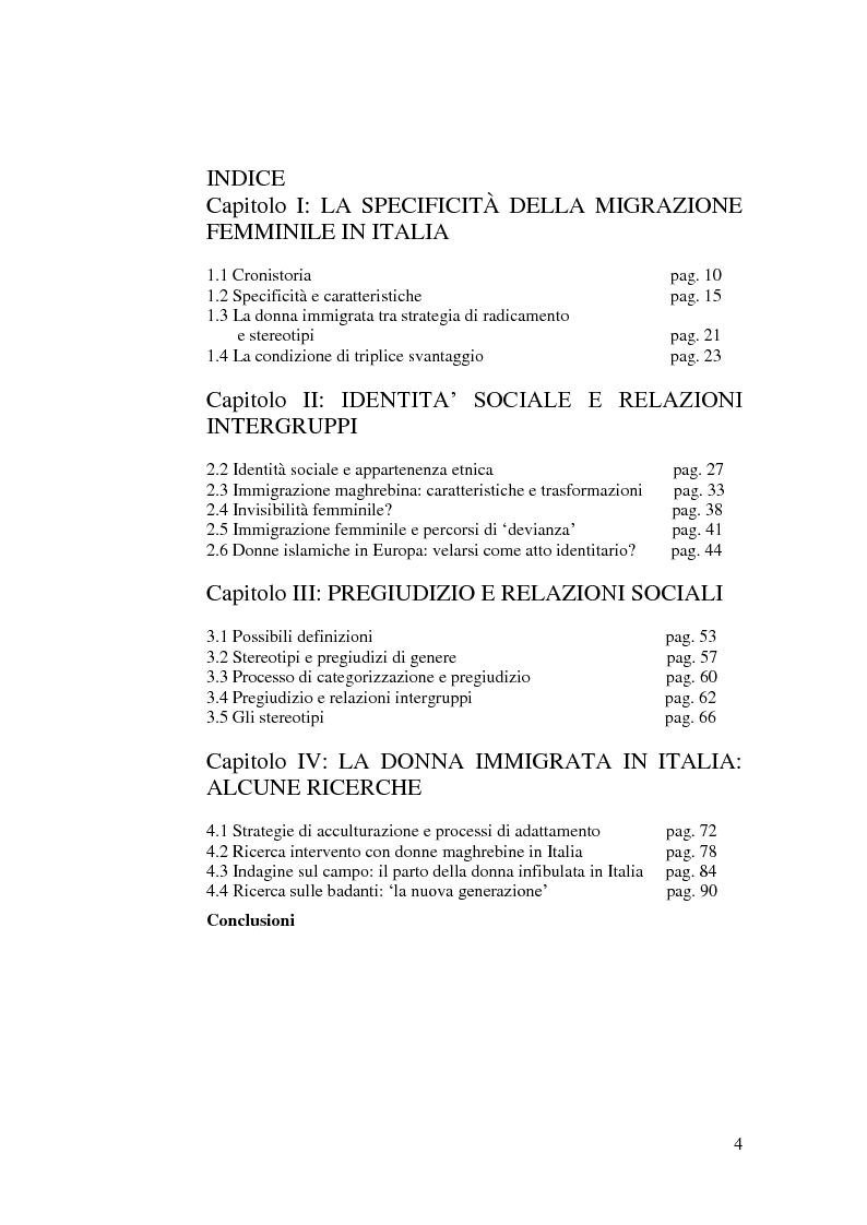 Indice della tesi: Donne immigrate in Italia: tra percorsi identitari e relazioni pregiudiziali, Pagina 1