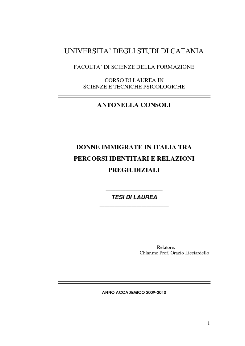Anteprima della tesi: Donne immigrate in Italia: tra percorsi identitari e relazioni pregiudiziali, Pagina 1