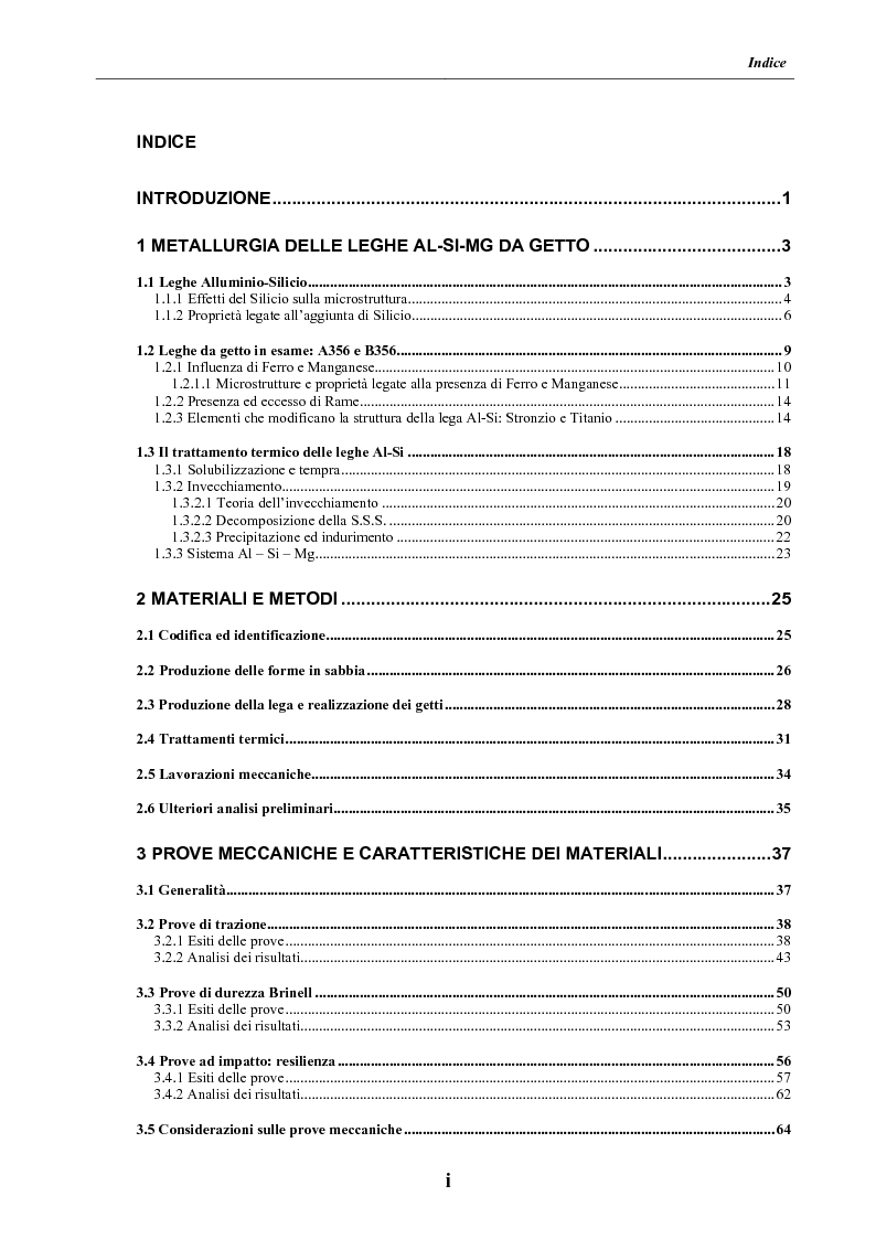 Indice della tesi: Effetto dei tempi di trattamento termico e della composizione chimica sulle proprietà microstrutturali e meccaniche di leghe Al-Si-Mg da fonderia, Pagina 1