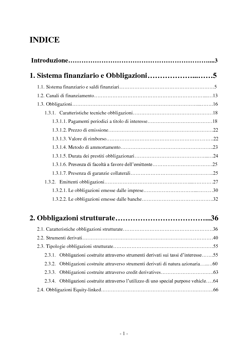 Indice della tesi: Il Mercato obbligazionario italiano e le obbligazioni Equity Linked, Pagina 1