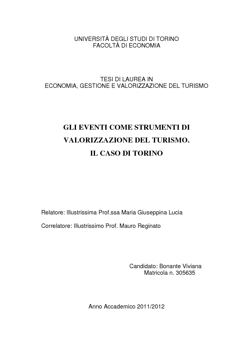 Anteprima della tesi: Gli eventi come strumenti di valorizzazione del turismo. Il caso di Torino, Pagina 1