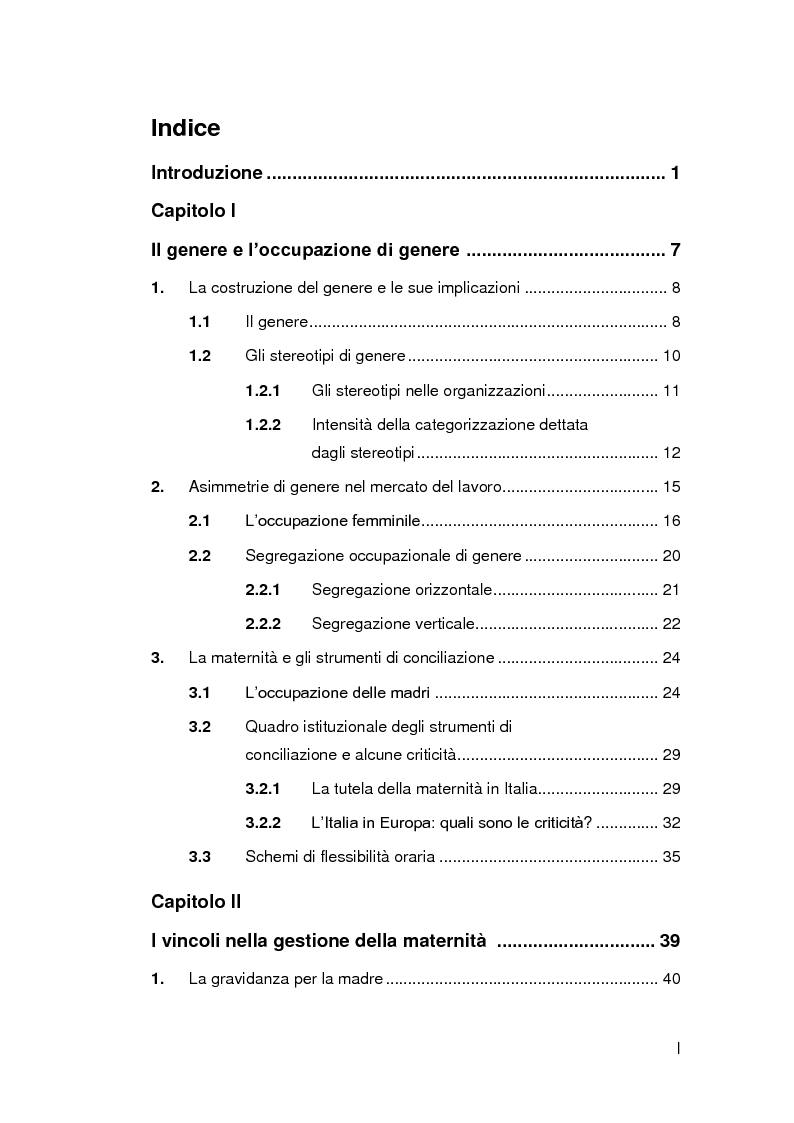 Indice della tesi: Genere, lavoro e organizzazione. La maternità nel Diversity Management, Pagina 1