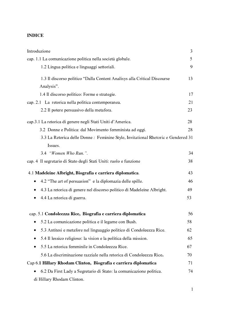 Indice della tesi: Albright, Rice e Clinton: retorica e gender nel discorso del segretario di stato americano, Pagina 1