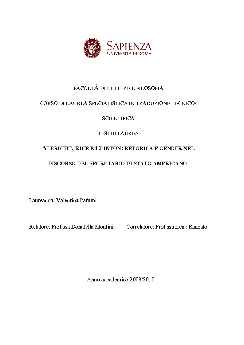 Anteprima della tesi: Albright, Rice e Clinton: retorica e gender nel discorso del segretario di stato americano, Pagina 1