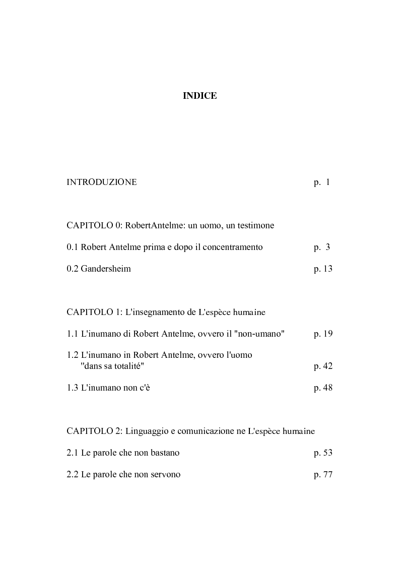 Indice della tesi: Viaggio nell'uomo attraverso l'Espèce humaine: ''l'écriture par images'' di Robert Antelme, Pagina 1