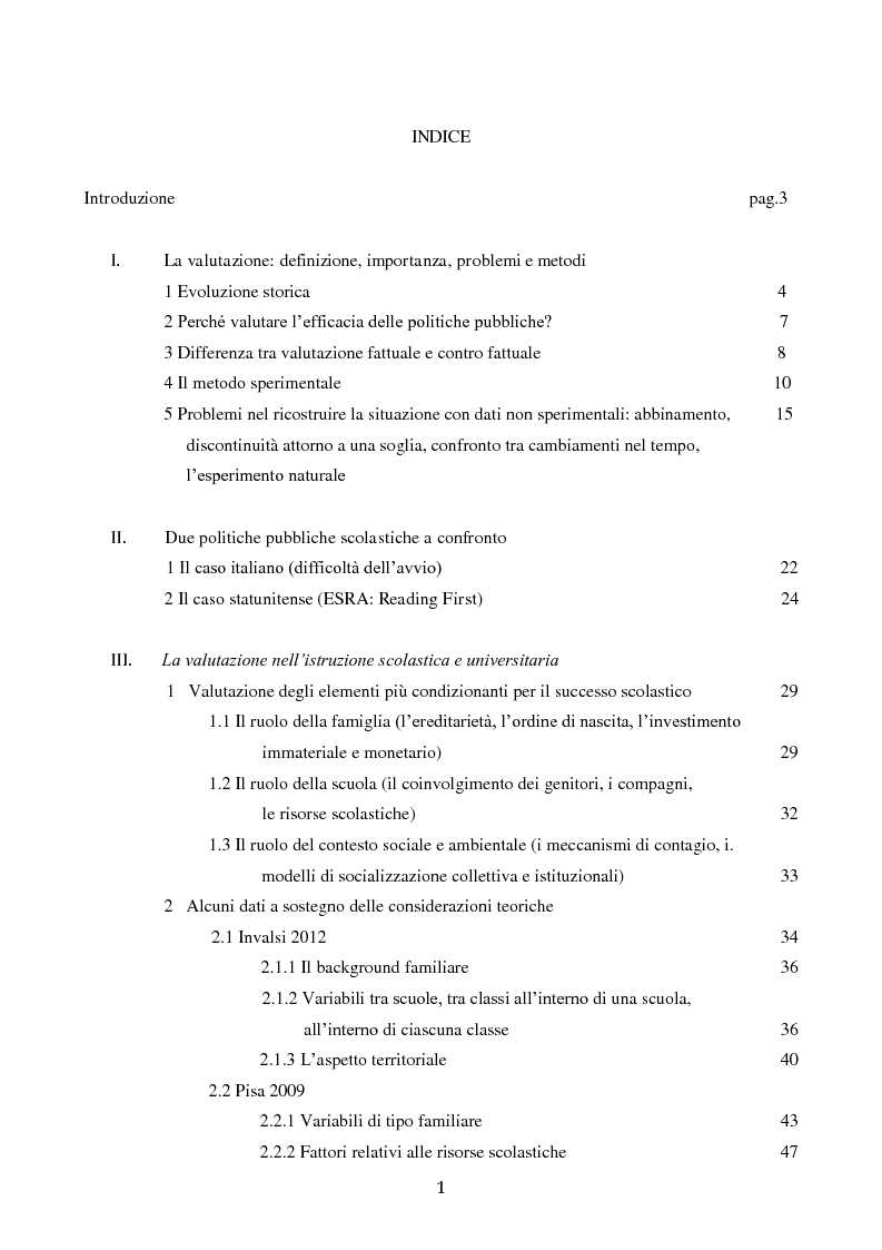 Indice della tesi: Questioni e metodi della valutazione di policy. Il caso dell'istruzione, Pagina 1