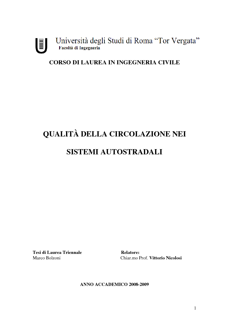 Anteprima della tesi: Qualità della circolazione nei Sistemi Autostradali, Pagina 1